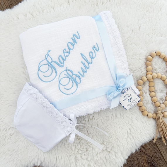 Personalized White Heirloom Baby Blanket with Crochet Scallop Trim