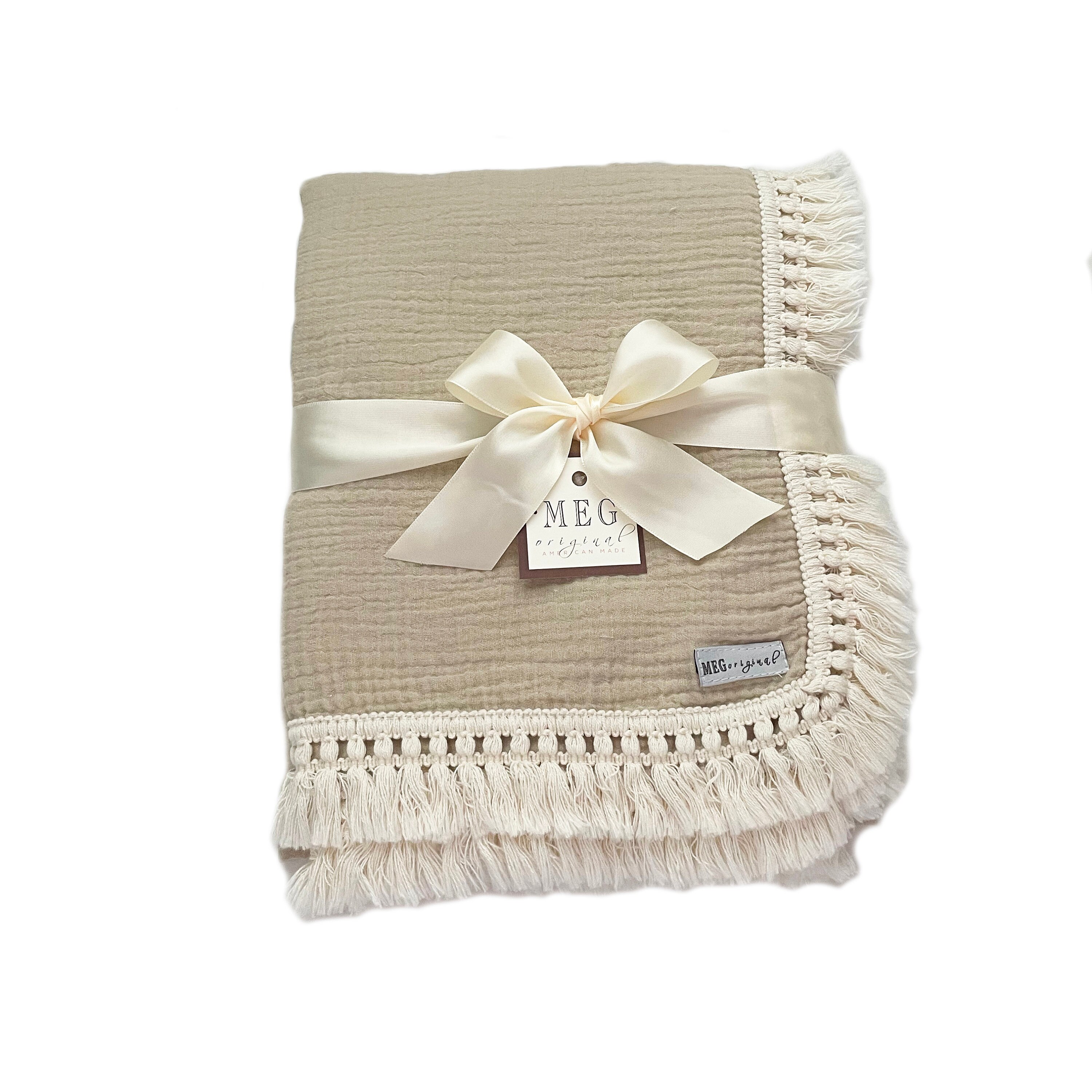 Boho Heirloom Baby Blanket { Natural Beige with Ivory Fringe } Cotton
