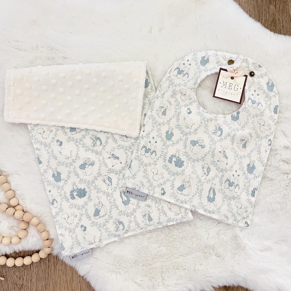 Peter Rabbit Baby-to-Toddler Adjustable Snap Bib & Burp Cloth Set-Beatrix Potter Gift -Soft Cotton, Absorbent, Durable, Blue and Ivory Toile