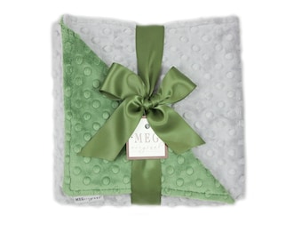 Dark Sage Green & Grey Minky Dot Baby Boy Blanket { Shower Gift } Option to Personalize with Name or Initials - Crib, Stroller, Child, Lovey