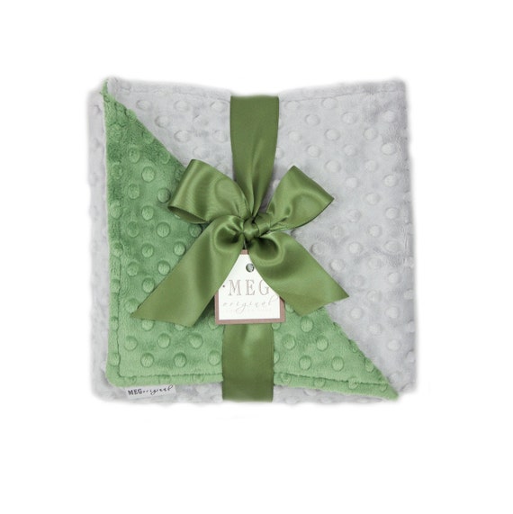 Dark Sage Green & Grey Minky Dot Baby Boy Blanket { Shower Gift } Option to Personalize with Name or Initials - Crib, Stroller, Child, Lovey