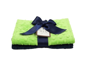 Navy Blue & Lime Green Minky Dot Baby Burp Cloth Set, 1101 { Seattle Seahawks Team Colors } SALE - Made and Ready to Ship Same Day