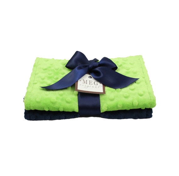 Navy Blue & Lime Green Minky Dot Baby Burp Cloth Set, 1101 { Seattle Seahawks Team Colors } SALE - Made and Ready to Ship Same Day