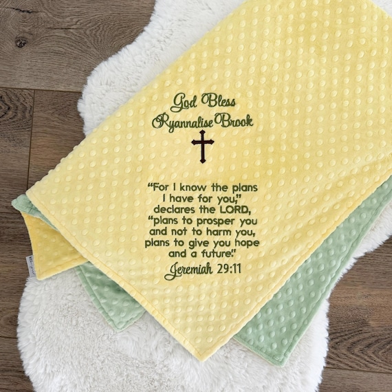 Custom Christian Minky Baby Blanket - Embroidered Bible Verse, Christening Gift