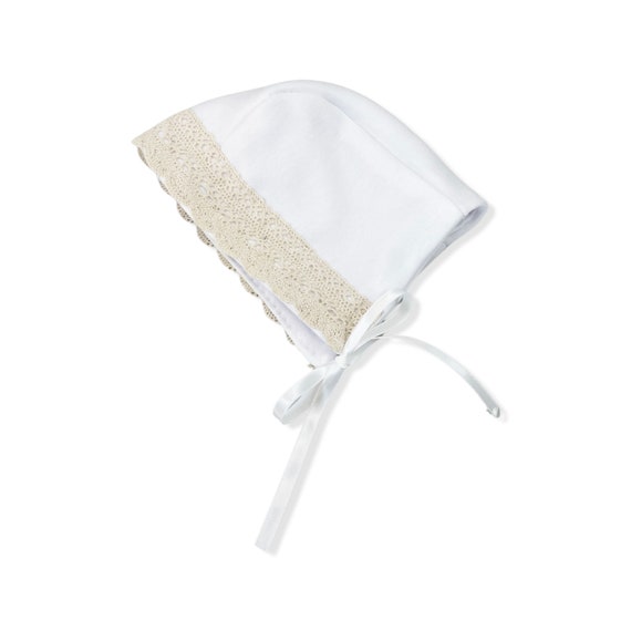 Baby Bonnet { Heirloom Collection } White with Natural Crochet Trim- Gender Neutral, Unisex, Girl, Boy