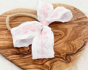 Pink and White Bows Baby Girl Hair Bow on Super Soft Headband { Heirloom Collection } Popular Shower Gift, Gender Reveal Gift