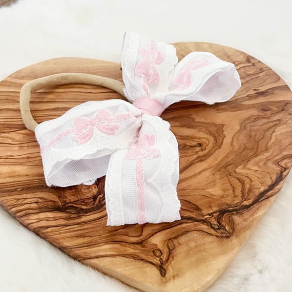Pink and White Bows Baby Girl Hair Bow on Super Soft Headband { Heirloom Collection } Popular Shower Gift, Gender Reveal Gift