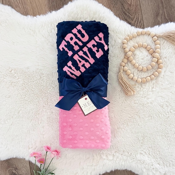 Paris Pink & Navy Blue Minky Dot Baby Blanket { Beautiful Baby Girl Shower Gift } Option to Personalize, Security - Crib - Stroller Size