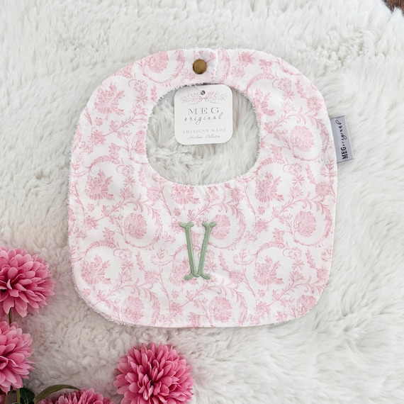 Pink Paisley Baby Girl Bib – Adjustable Cotton Snap Bib, Infant & Toddler Sizes with Option to Embroider Name or Initials Monogram