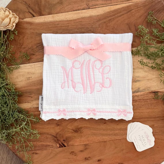 Cotton Gauze Baby Burp Cloth Set, Pink Bows - Personalized Monogram Option