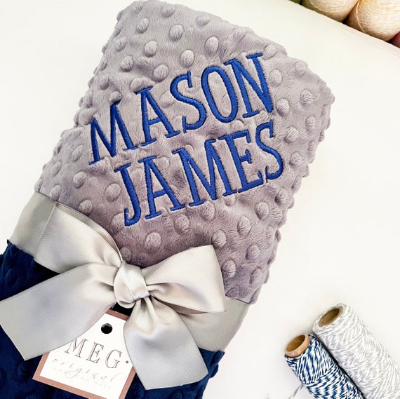 Navy Blue & Charcoal Gray Minky Dot Baby Boy Blanket + Personalize with Name/Initials- Monogrammed Shower Gift- Lovey, Crib, Stroller, Kids