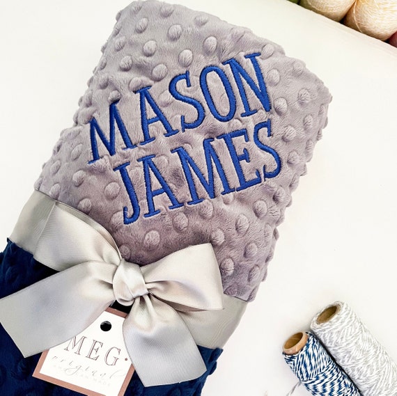 Navy Blue and Charcoal Gray Minky Dot Baby Boy Blanket + Option to Personalize with Name or Initials { Monogrammed Baby Shower Gift }