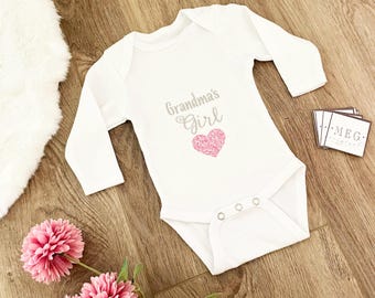 Custom Baby Newborn Bodysuit, Personalized { Grandma&#39;s Girl } Embroidered with Floral Pink Heart, Gender Reveal Announcement, Granddaughter