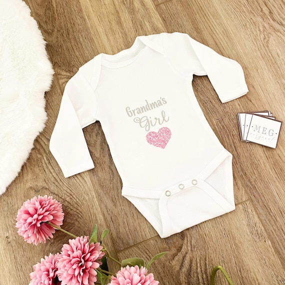 Custom Baby Newborn Bodysuit, Personalized { Grandma's Girl } Embroidered with Floral Pink Heart, Gender Reveal Announcement, Granddaughter