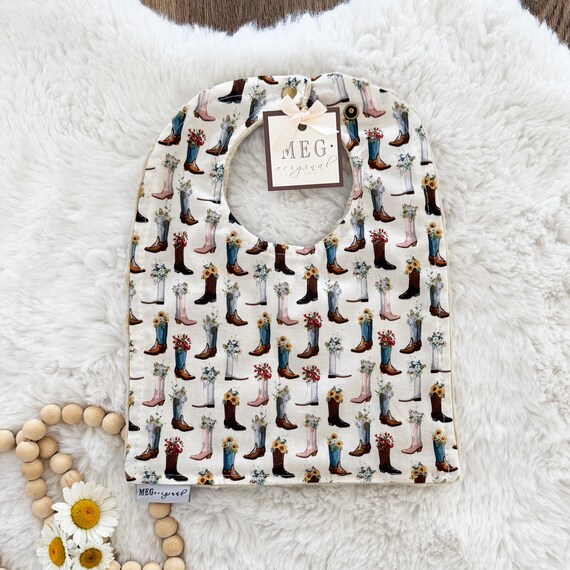 Floral Cowgirl Boots Bib for Baby Girls { Baby-to-Toddler Adjustable Snap Bibs } Soft Absorbent Cotton