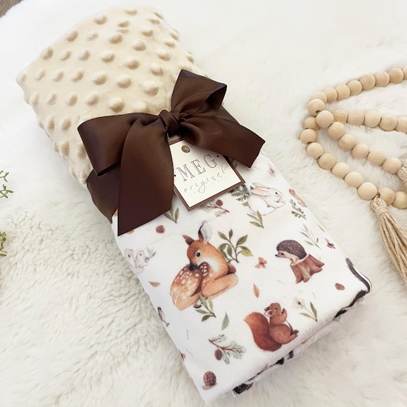 Personalized Minky Baby Blanket { FAWN & FRIENDS } Soft Woodland Animals Blanket + Name or Initials Monogram -Choose Size -Baby Shower Gift