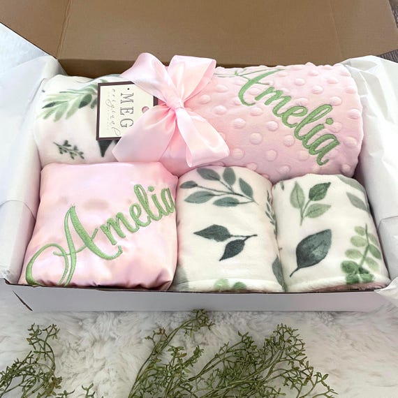 Personalized Baby Gift Set – Eucalyptus Mint and Pink Minky Blanket, Bib, Burp Cloths, Satin Lovey