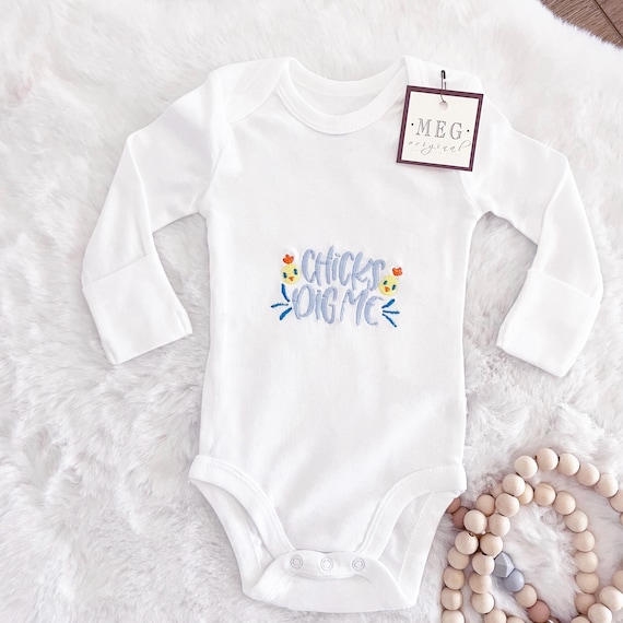 SALE-Funny Baby Boy Bodysuit { Chicks Dig Me } Embroidered Easter or Shower Gift, Preemie, Newborn- 0-3 months, Organic Cotton