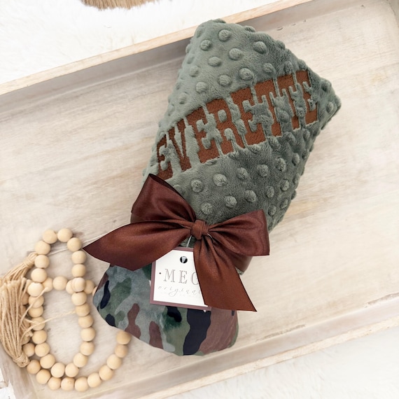 CAMO Minky Baby Boy Blanket { Camouflage } Backed with Super Soft Dark Sage Green Minky Dot, Choose Size and Embroidered Name or Initials