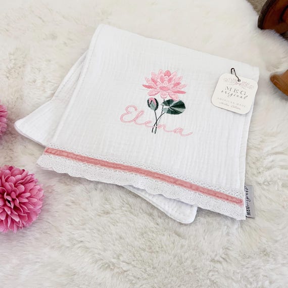 Beautiful Custom Birth Month Flower Embroidered Baby Girl Gift, Soft 100% Cotton + Name, Choose Blanket, Bib, or Burp Cloths, Shower Gift