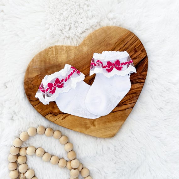 Baby Girl Ruffle Socks { Hot Pink Bow } Pretty Shower Gift, Layette Accessories - Choose Size 0-12 or 12-24 month