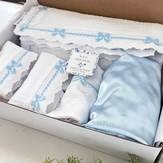 Personalized Baby Deluxe Boxed Gift Set {Heirloom Collection} Blue Bows-Blanket + 2 Burp Cloths + Bib + Satin Lovey - Boys or Girls