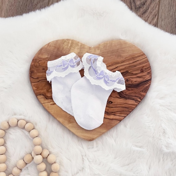 Beautiful Newborn Baby Girl Ruffle Socks { Lavender Bow } Pretty Purple Shower Gift, Feminine Layette Accessories-Choose 0-12/12-24 month