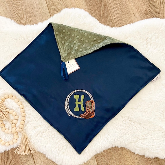 Western Cowboy Boot Theme Satin + Minky Baby Boy Security Blanket / Lovey with Loop { Navy Blue Satin } Choice of Minky Color + Initial