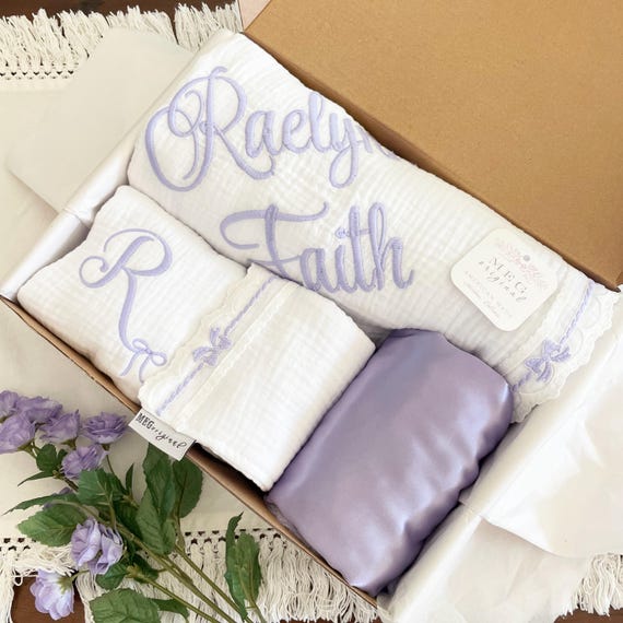 Personalized Baby Girl Deluxe Boxed Gift Set {Heirloom Collection} Lavender Bows-Blanket + 2 Burp Cloths + Bonnet + Bib + Satin Lovey