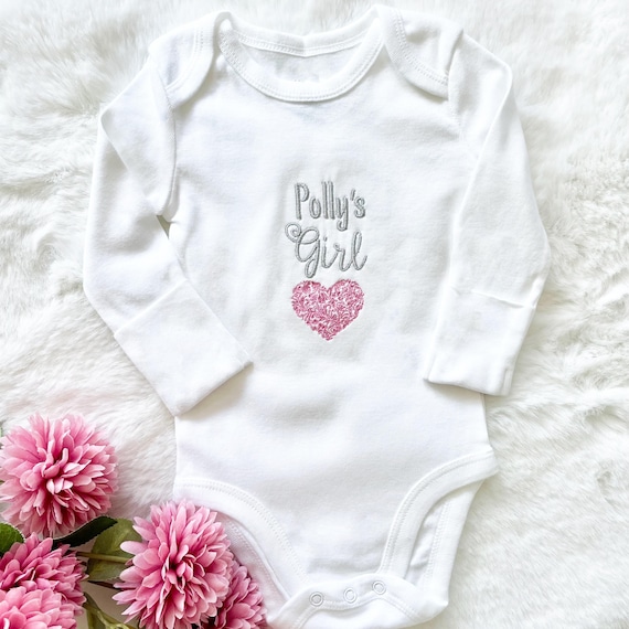 Custom Baby Newborn Organic Bodysuit, Personalized Embroidered with Floral Pink Heart, Gender Reveal Announcement, Granddaughter/Niece Gift