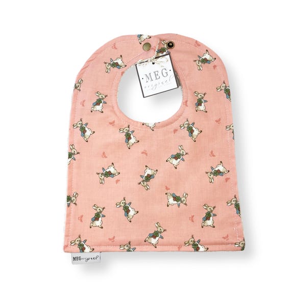 Peter Rabbit Baby Girl Bib { Baby-to-Toddler Adjustable Snap Bibs } Beatrix Potter - Soft Cotton, Absorbent, & Durable, Coral Pink