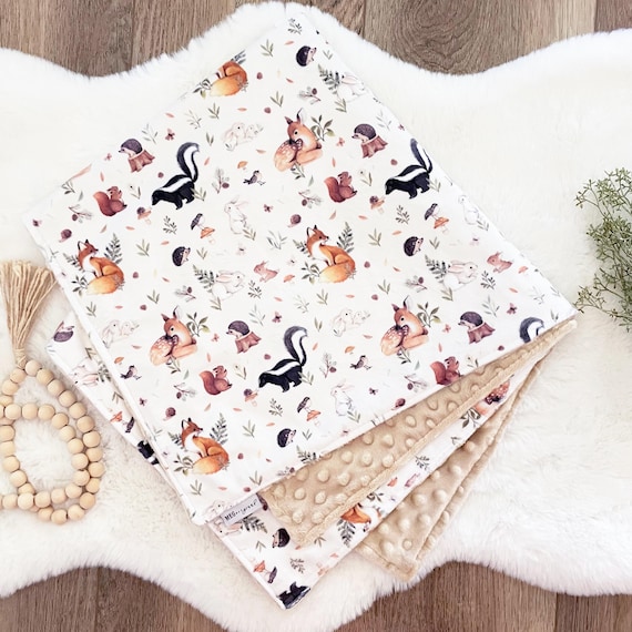 Personalized Minky Baby Blanket { FAWN & FRIENDS } Soft Woodland Animals Blanket + Name or Initials Monogram -Choose Size -Baby Shower Gift