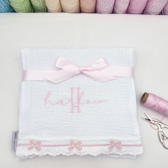 Cotton & Lace Baby Girl Burp Cloth Set of 2 { Heirloom Collection } Pink Bows + Personalization with Name and Initial Monogram