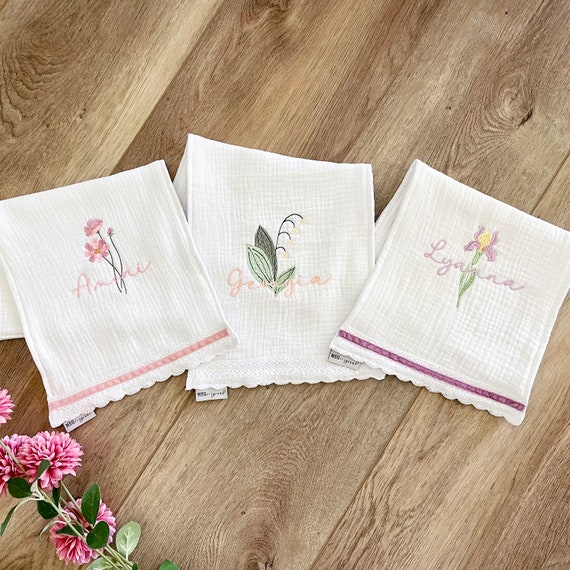 Beautiful Custom Birth Month Flower Embroidered Baby Girl Gift, Soft 100% Cotton + Name, Choose Blanket, Bib, or Burp Cloths