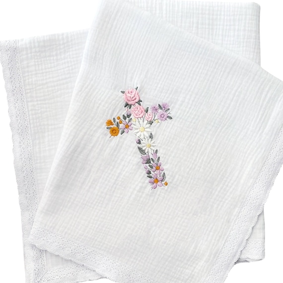 Personalized Easter Baby Swaddle Blanket + Delicate Crochet Trim { Floral Embroidered Cross } Christening, Baptism, Dedication + Name & Date