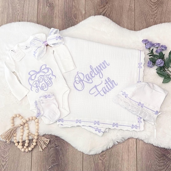 Beautiful Heirloom Baby Girl Swaddle Blanket, Gown, and Bonnet Set with Monogram { White & Pink Bows } Infant / Newborn Photo / Photography