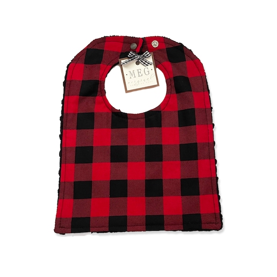 Red + Black Buffalo Check Baby-to-Toddler Adjustable Snap Bib { Gender Neutral Bib } Boys, Girls, Unisex, Soft and Absorbent