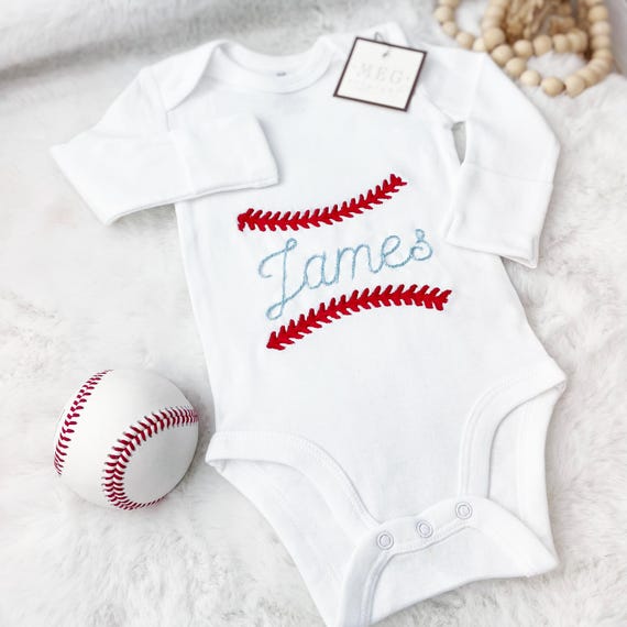 Baby Bodysuit { Baseball or Softball Stitches Frame with Name } Custom Embroidered Shower Gift, Boy/Girl Newborn 0-3 months - Organic Cotton