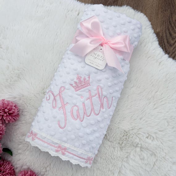 White Baby Girl Minky Dot Blanket with Pink Bow Trim + Embroidered Name & Crown