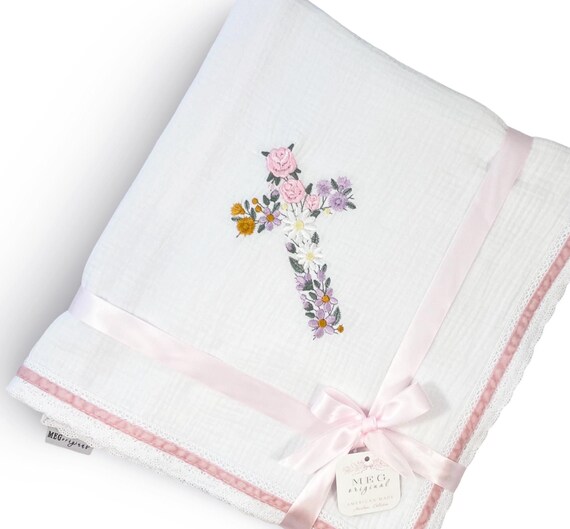 Personalized Baby Swaddle Blanket, Floral Embroidered Cross, Christening Gift- Christening, Baptism, Dedication + Name & Date