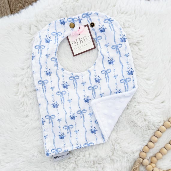 Blue Bows Bib { Baby-to-Toddler Adjustable Snap Bibs } Soft Cotton, Absorbent, & Personalizable, Bow Stripe