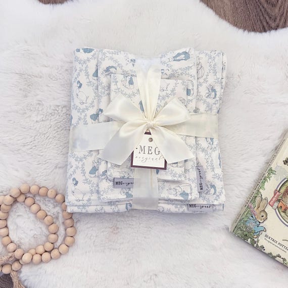 Sweet Baby Shower Gift Set { Peter Rabbit Toile } Blanket + Burp Cloth + Bib with option to Personalize with Name or Initials Monogram
