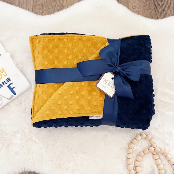 Personalized Minky Dot Baby Boy Blanket { Navy Blue + Gold } Soft Blanket with Name / Initials - Choose Size - Baby Shower Gift