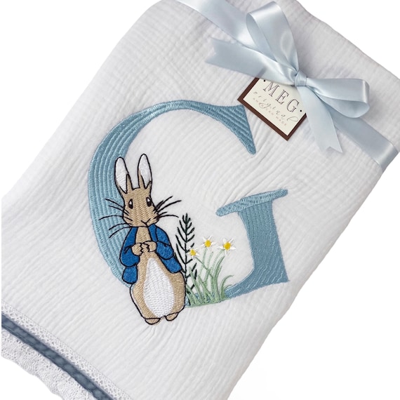 Peter Rabbit Baby Swaddle Blanket Shower Gift { Heirloom Collection } 100% Cotton with Velvet Stripe + Initial-Pink or Blue for Boys & Girls
