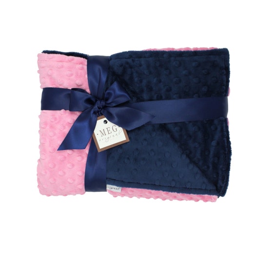 Paris Pink & Navy Blue Minky Dot Baby Blanket { Beautiful Baby Girl Shower Gift } Option to Personalize, Security - Crib - Stroller Size