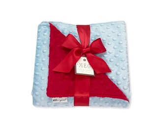 Baby Blue & Red Minky Dot Baby Boy Blanket { Baby Shower Gift } Option to Personalize with Name or Initials - Crib, Stroller, Child, Lovey