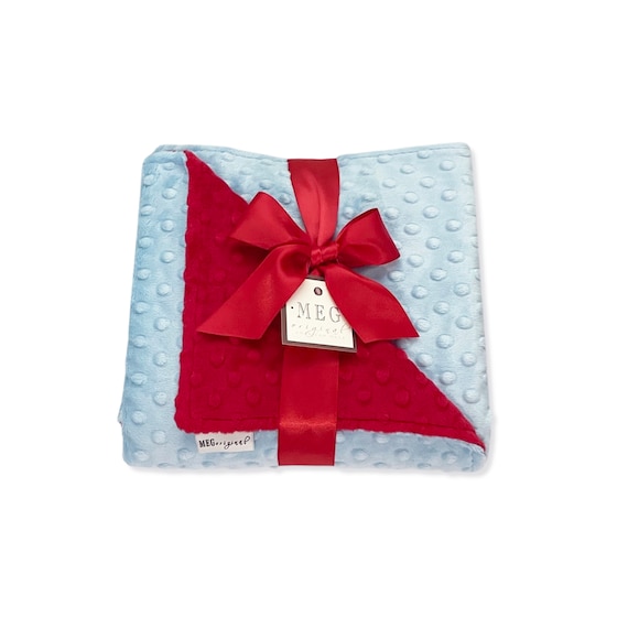 Baby Blue & Red Minky Dot Baby Boy Blanket { Baby Shower Gift } Option to Personalize with Name or Initials - Crib, Stroller, Child, Lovey