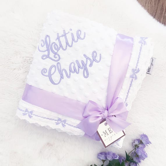 Pretty White Heirloom Baby Girl Minky Dot Blanket with Delicate Lavender Bow Trim Finishing + Option to Personalize with Name or Initials