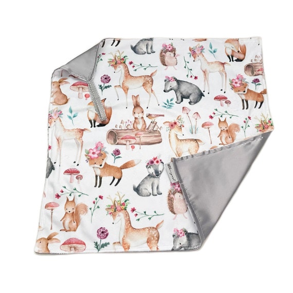 Satin + Minky Baby Girl Security Blanket / Lovey with Loop { Sweet Darlings } Woodland Meadow Forest Animals - Fox, Deer, Bunny