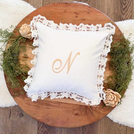 Beautiful Personalized Baby Girl Decorative Pillow with White Bow Ruffle Trim { Heirloom Collection } Embroidered Name or Initials Monogram
